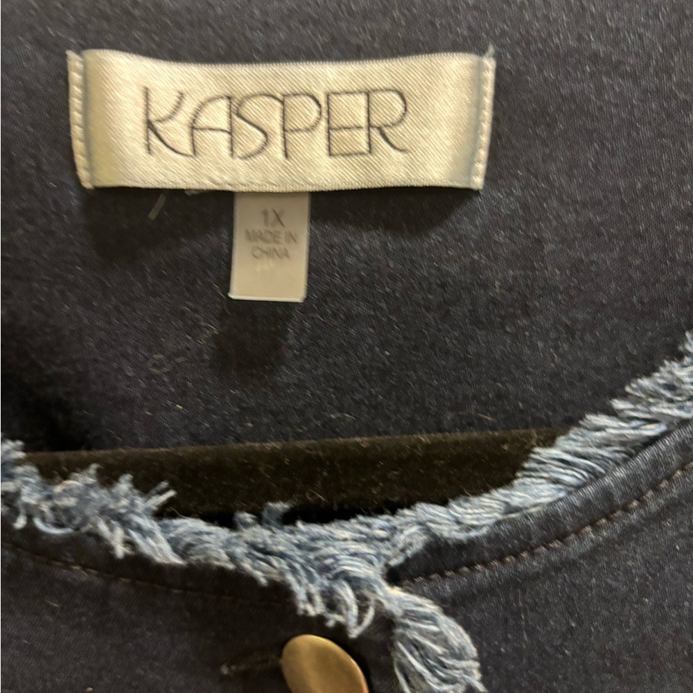 Kasper Navy Jacket with Frayed Denim-Style Trim and Gold Button